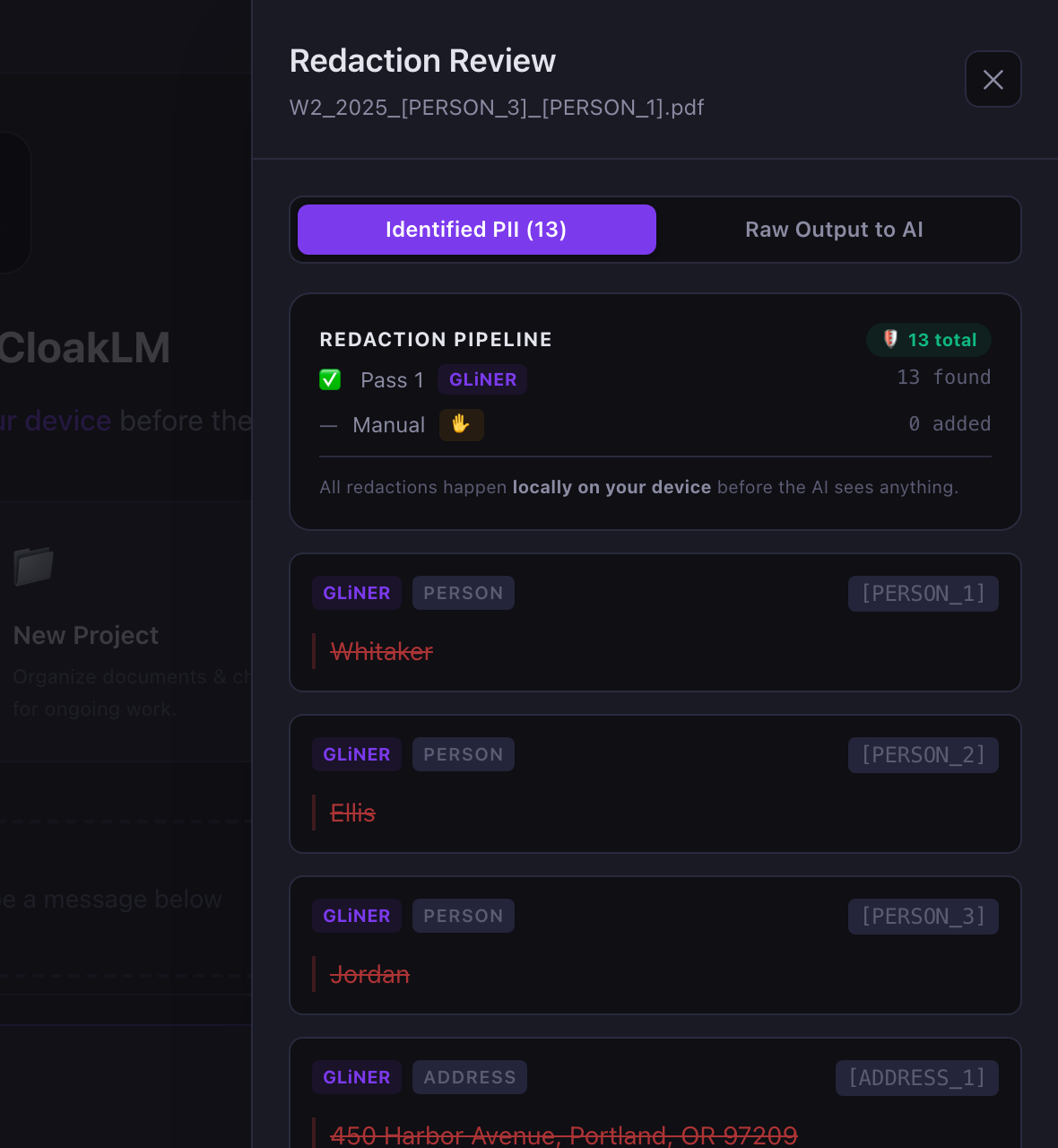 Redaction pipeline listing names and addresses detected by GLiNER