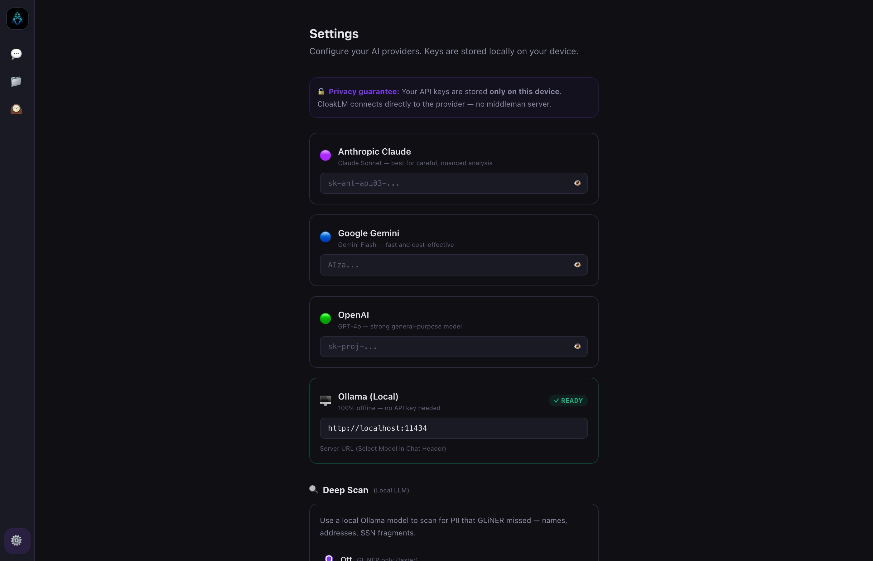 Settings view with API key configuration